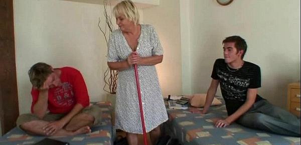  Two lads bang very old cleaning woman